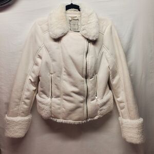 Y2k Guess White Teddy Jacket with Faux Fur Trim